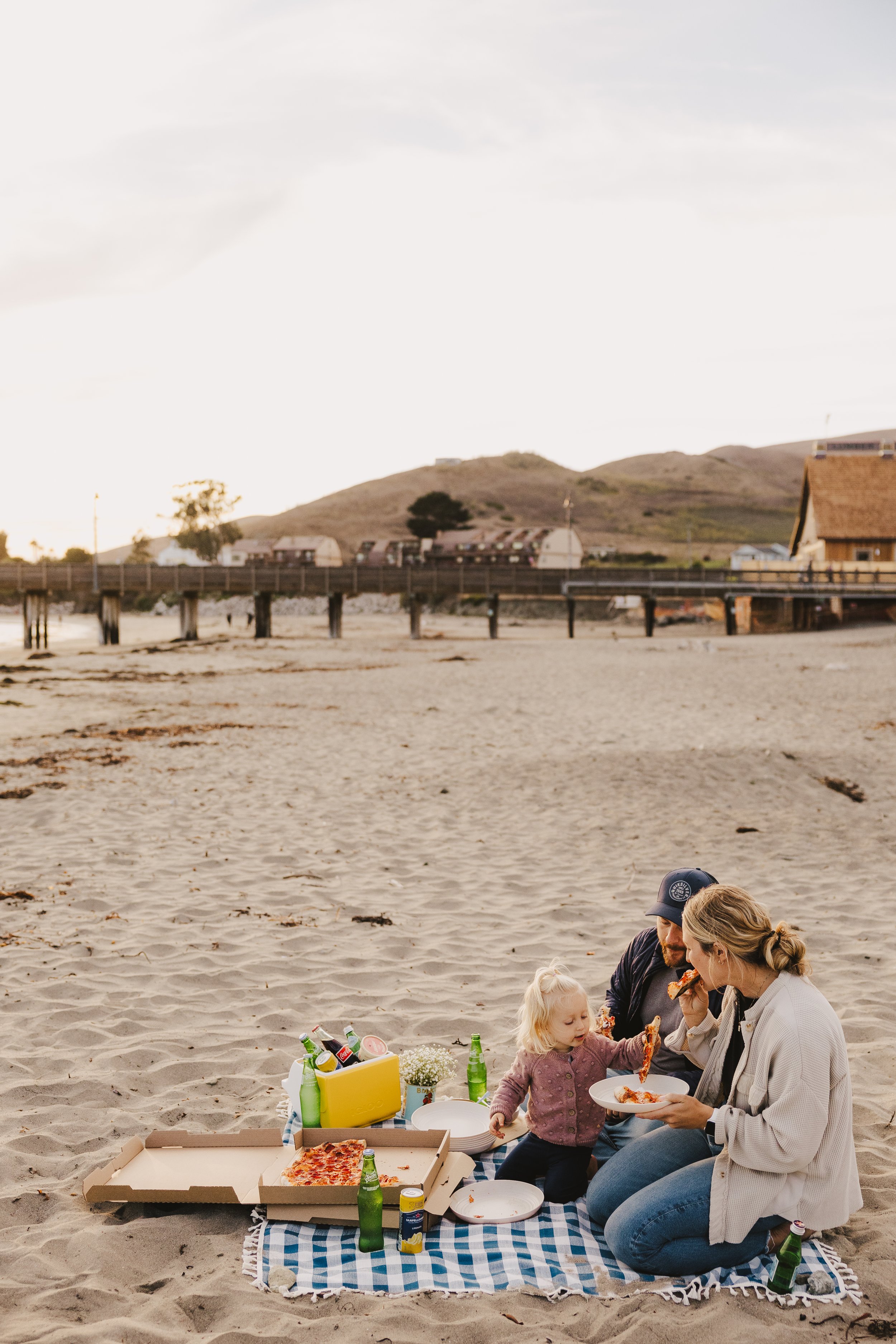 Family beach picnic with pizza